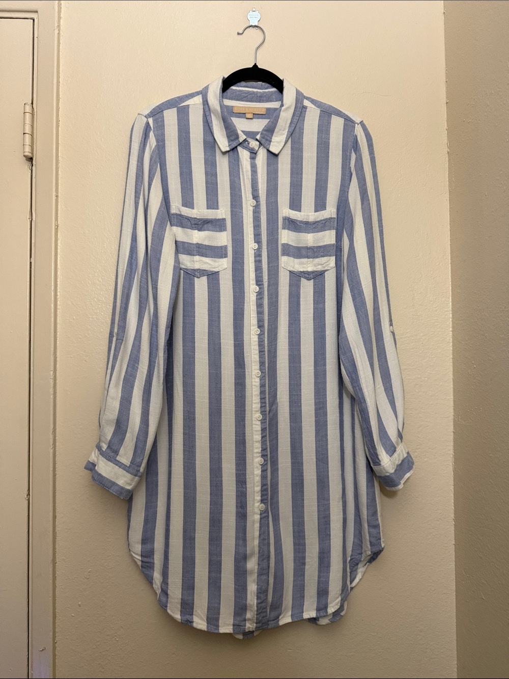 Hope & Harlow Coastal Boho Blue & White Striped Shirt Dress with Buttons S 14P
